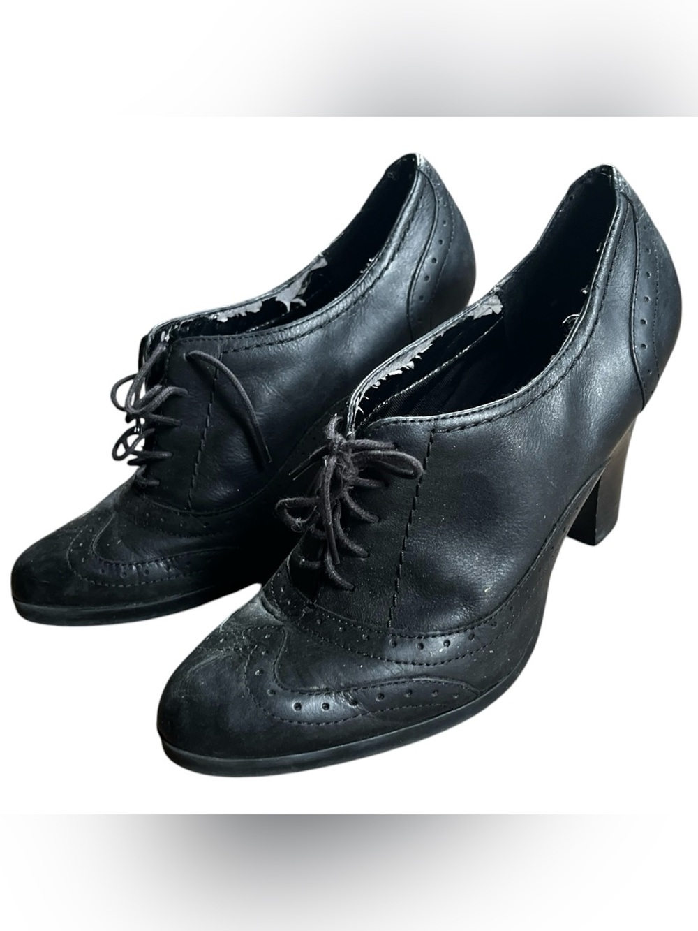 US 6 Connie Black Lace-Up Wingtip Block Heel Oxford Shoes